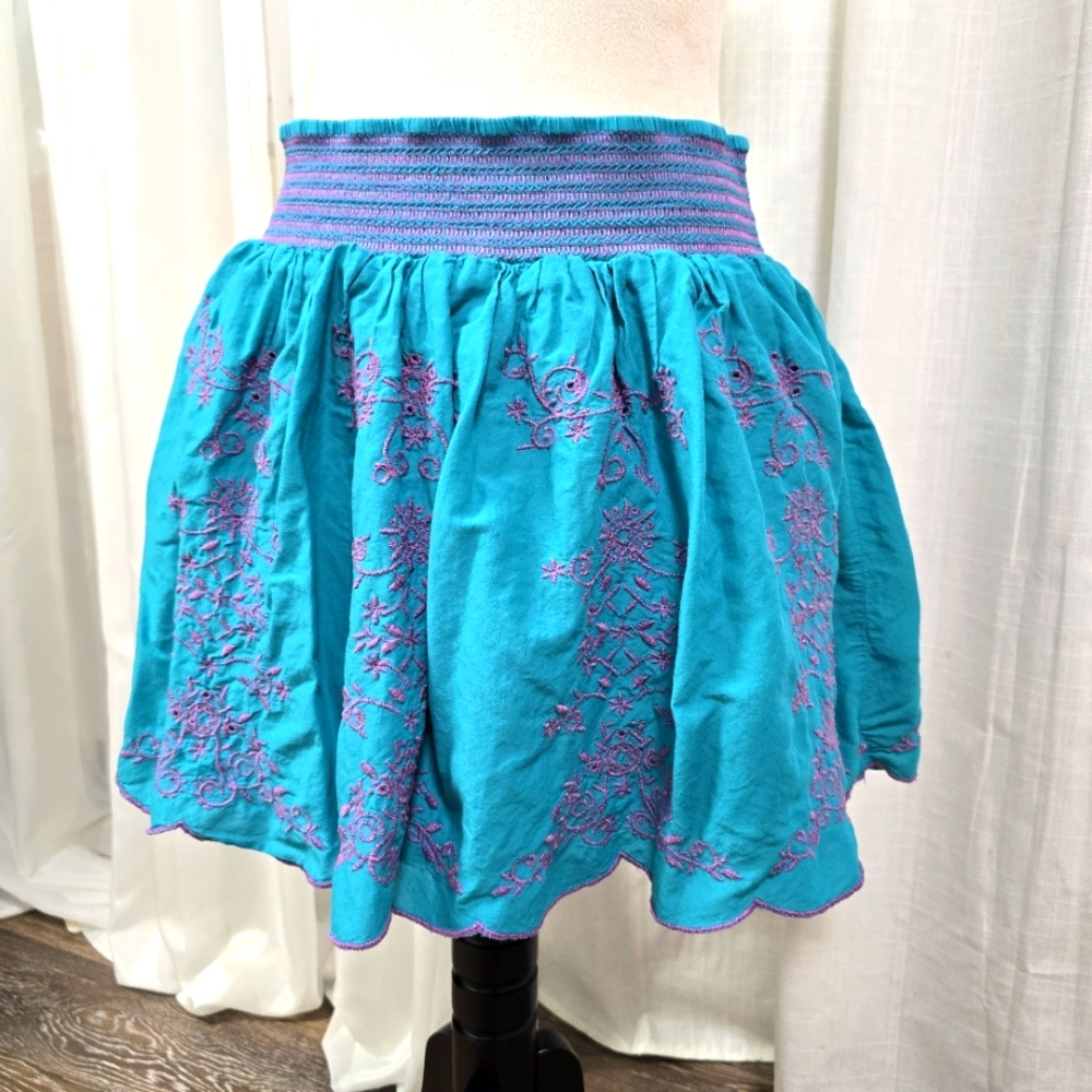 2/$30 Aeropostale Turquoise Bubble Mini Skirt‎ Size L Purple Embroidery Summer